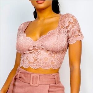 NEW TRENDY MESH DUSTY BLUSH KNIT CROPPED TOP LACE SHIRT